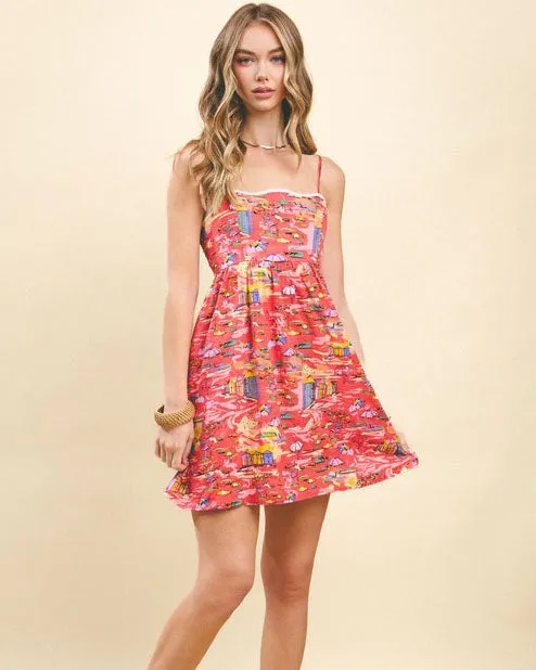Beach Print Tie Back Mini Dress - Red