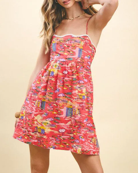 Beach Print Tie Back Mini Dress - Red