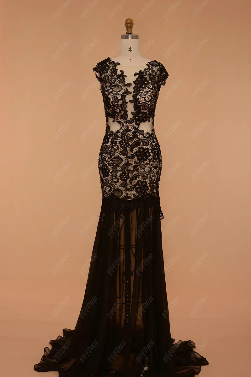 Black lace backless prom dresses with slit
