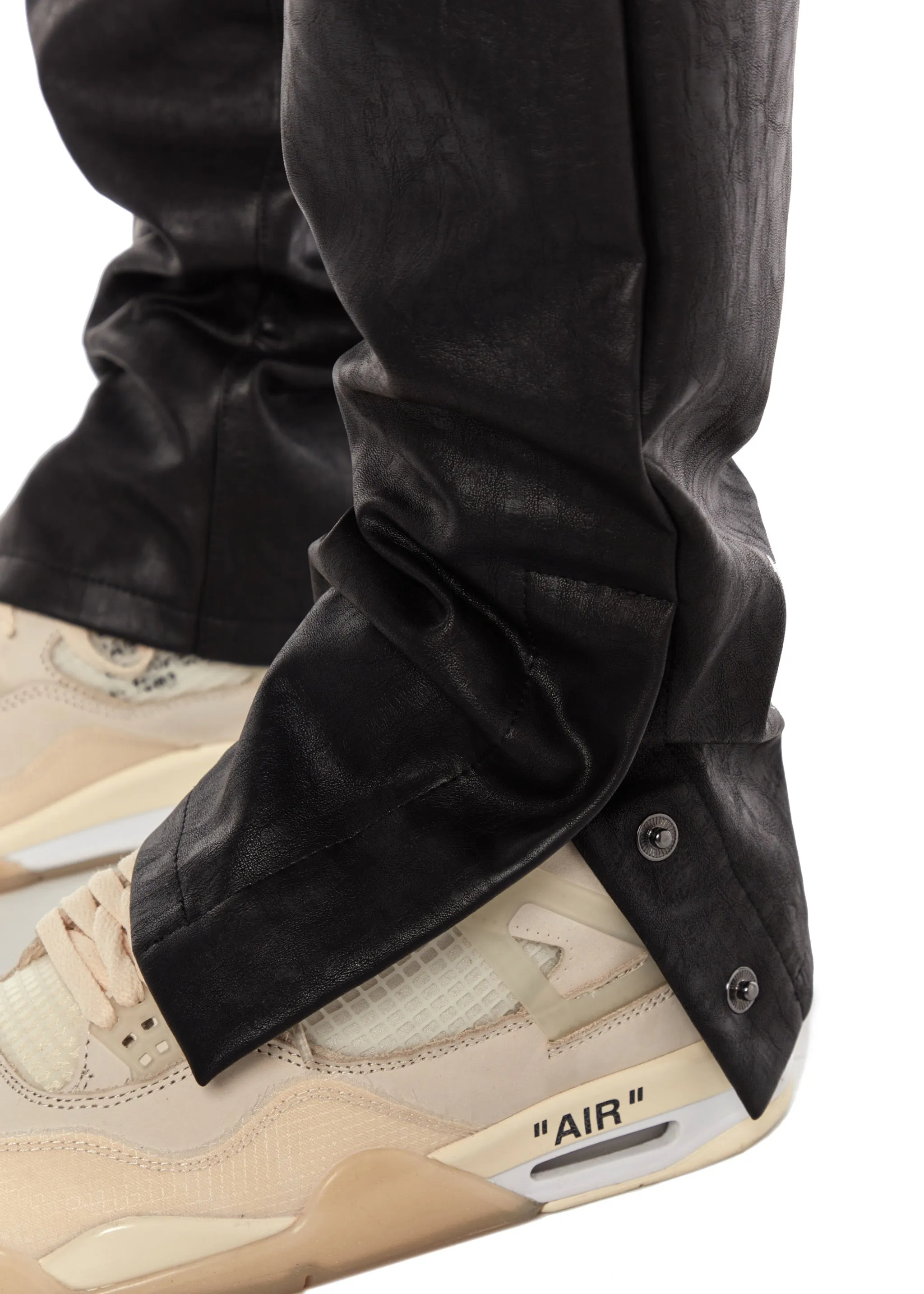 Black Snap Button Vegan Leather Trouser