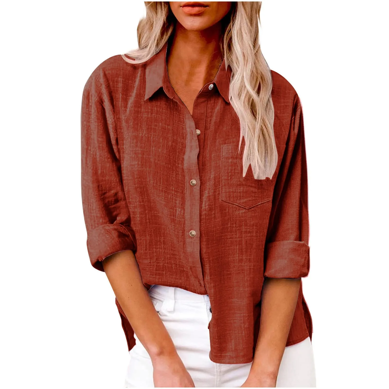Button Down Shirts for Women, Long Sleeve Shirts for Women Fall Cotton Linen Tops Blouses Casual Button Down T Shirts Lightweight Cardigans with Pocket Fashion 2024 Womens Tops Trendy B-orange