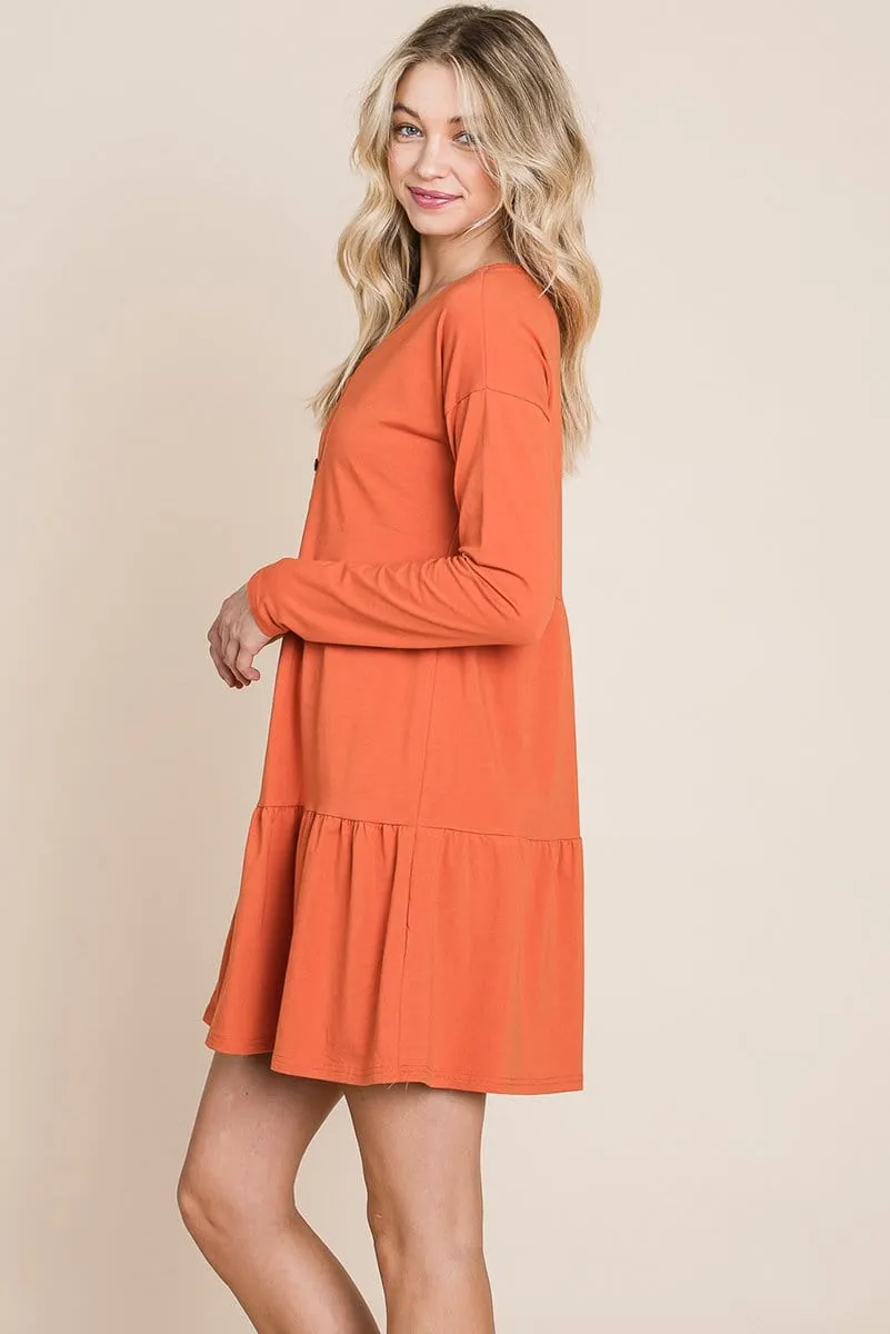 Button Front Long Sleeve Pleated Swing Dresses by RolyPoly Apparel