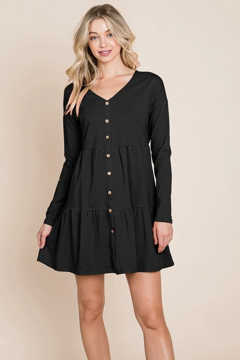 Button Front Long Sleeve Pleated Swing Dresses by RolyPoly Apparel