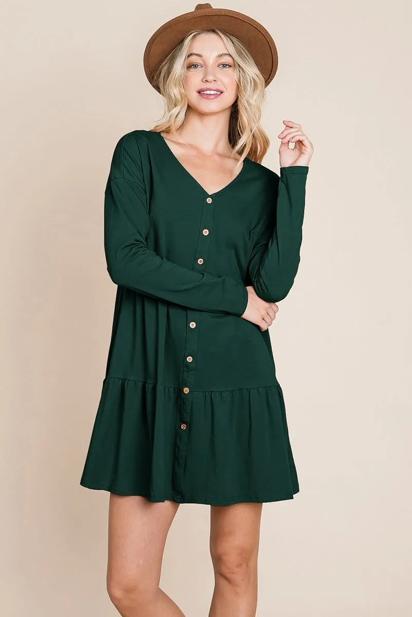 Button Front Long Sleeve Pleated Swing Dresses by RolyPoly Apparel