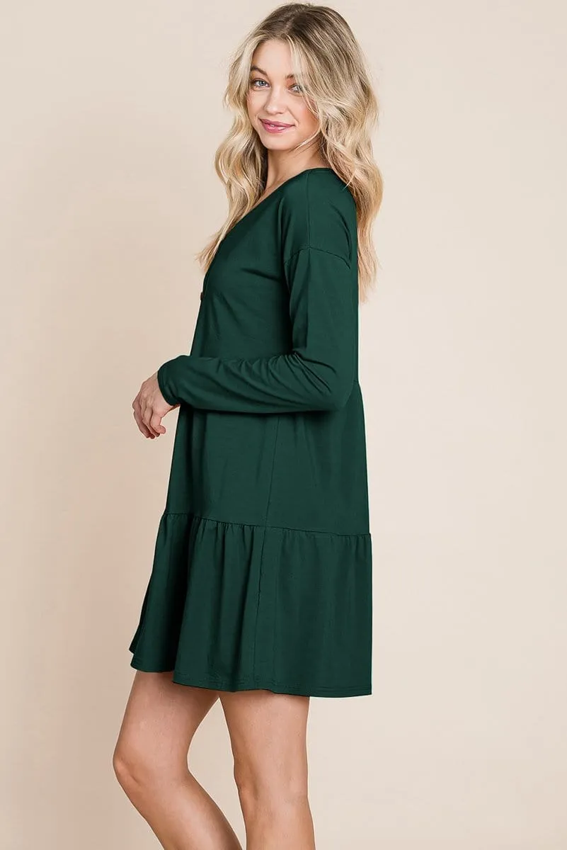 Button Front Long Sleeve Pleated Swing Dresses by RolyPoly Apparel