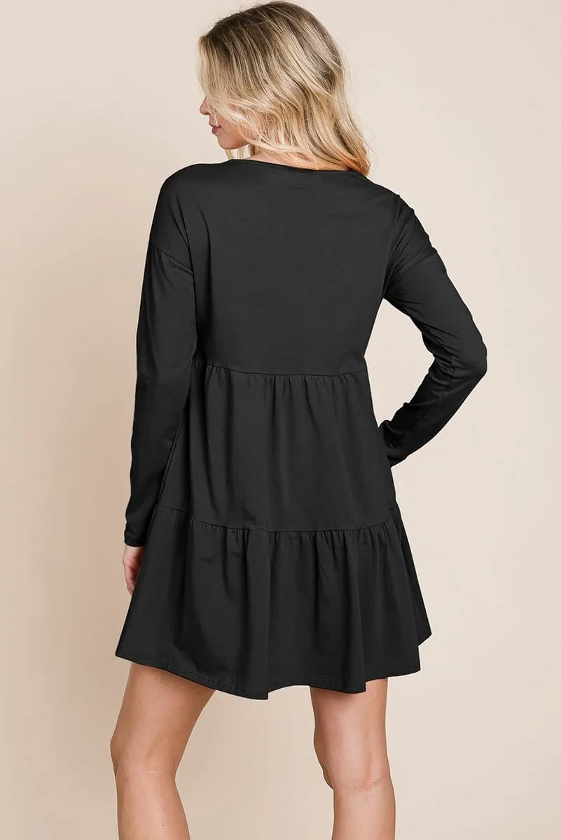 Button Front Long Sleeve Pleated Swing Dresses by RolyPoly Apparel