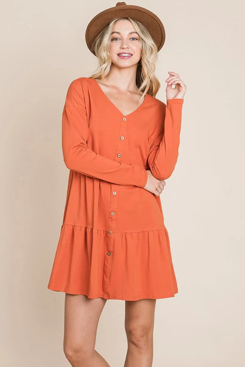 Button Front Long Sleeve Pleated Swing Dresses by RolyPoly Apparel