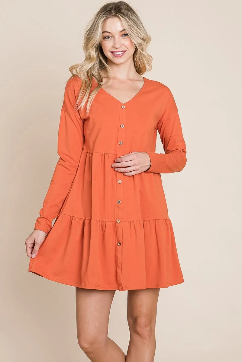 Button Front Long Sleeve Pleated Swing Dresses by RolyPoly Apparel
