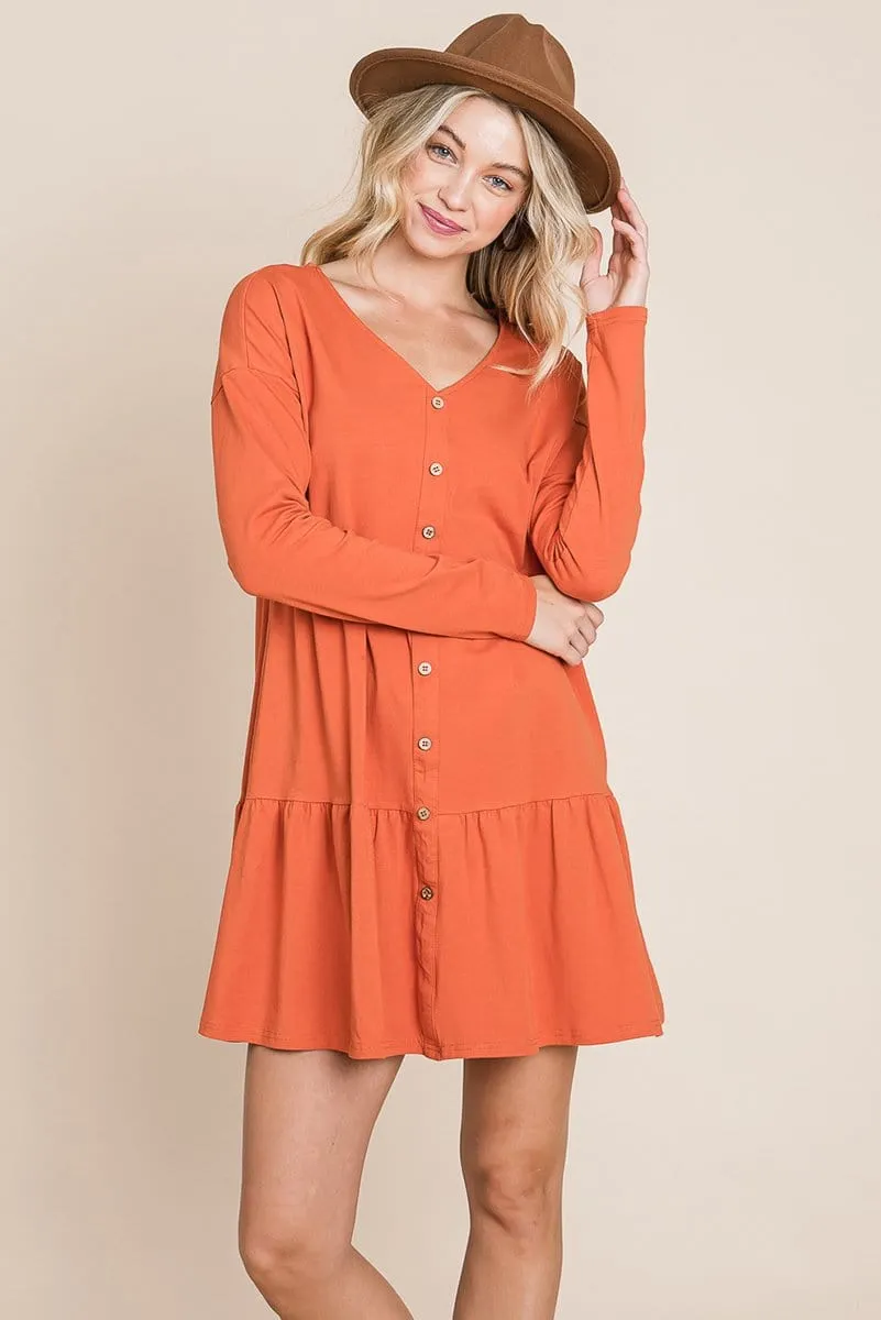 Button Front Long Sleeve Pleated Swing Dresses by RolyPoly Apparel