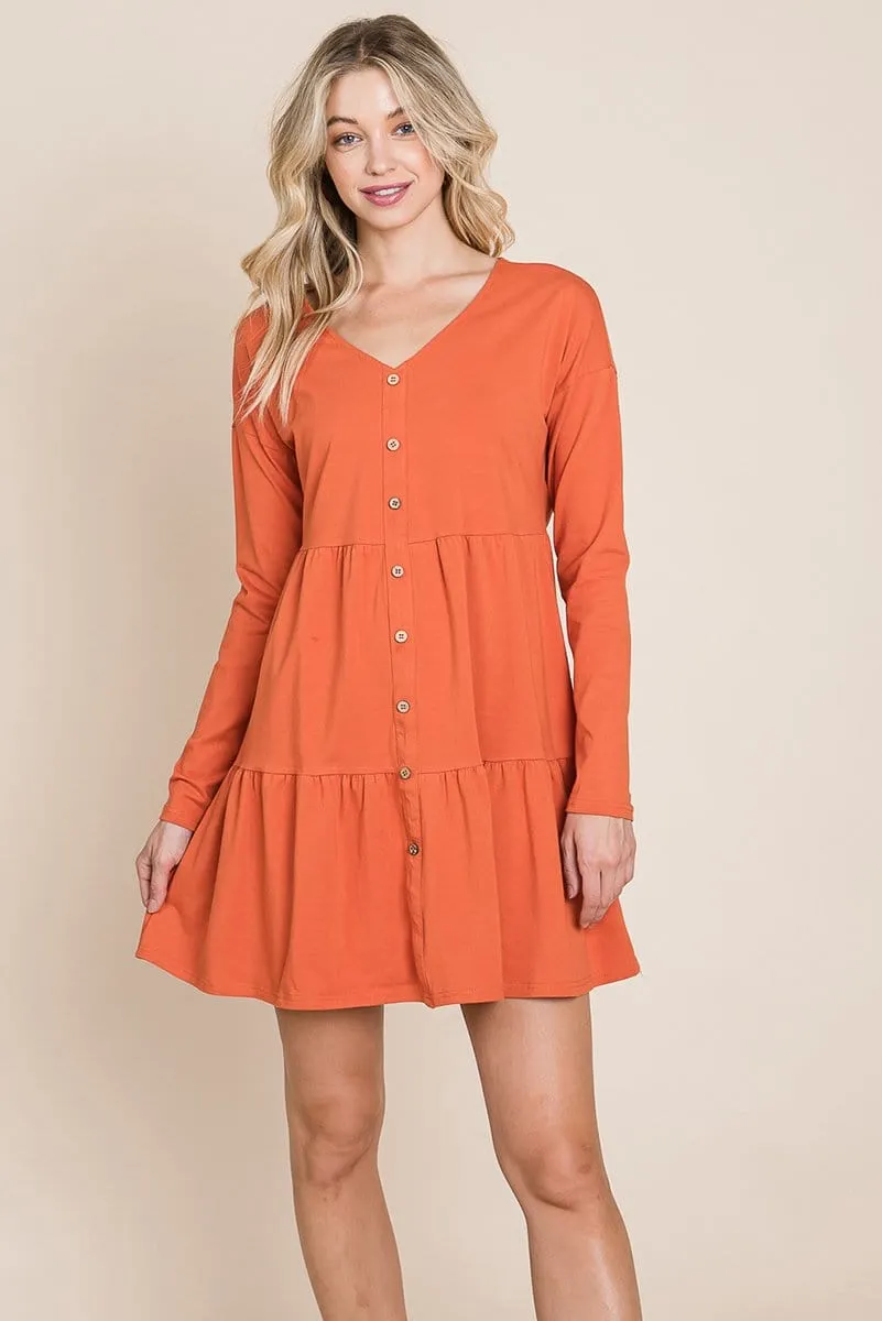 Button Front Long Sleeve Pleated Swing Dresses by RolyPoly Apparel