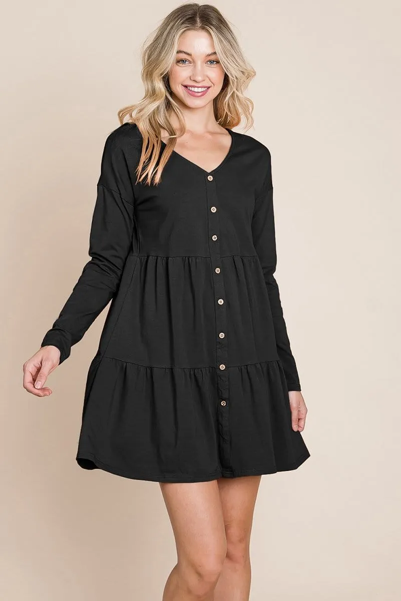 Button Front Long Sleeve Pleated Swing Dresses by RolyPoly Apparel