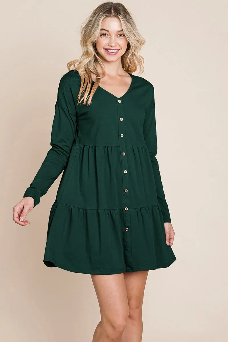 Button Front Long Sleeve Pleated Swing Dresses by RolyPoly Apparel