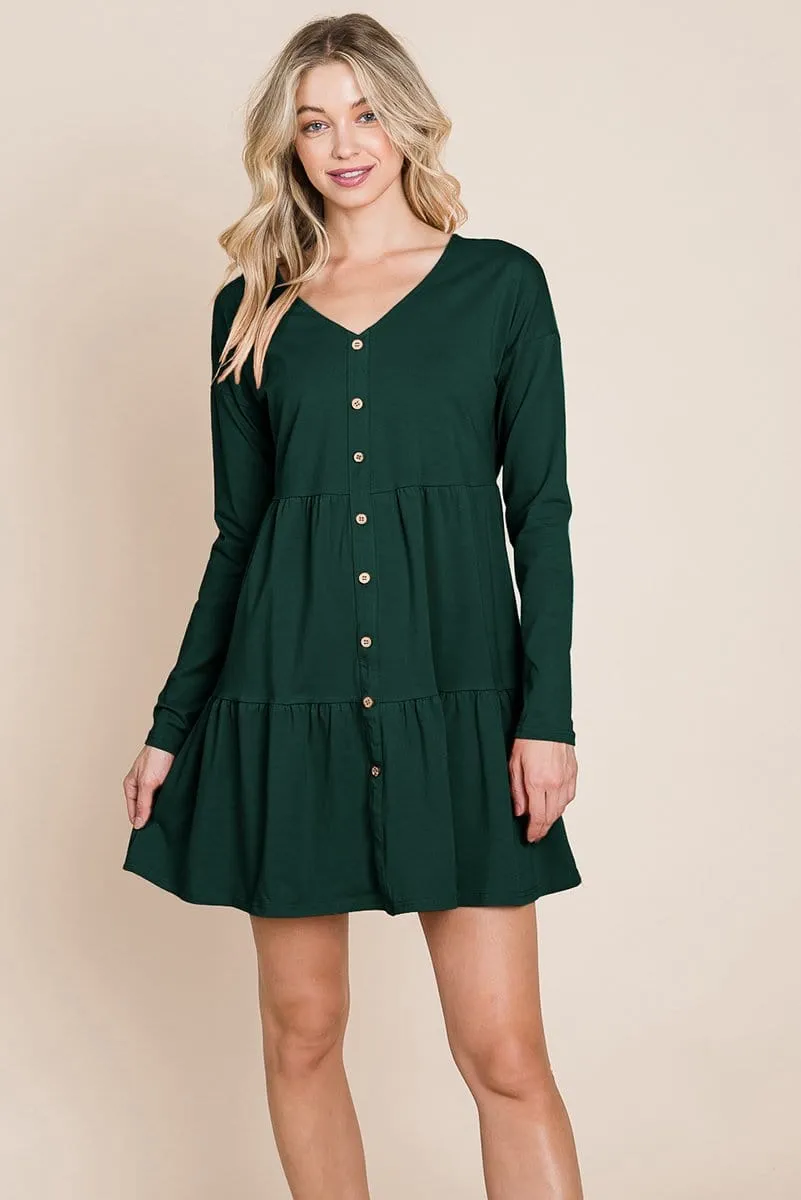 Button Front Long Sleeve Pleated Swing Dresses by RolyPoly Apparel