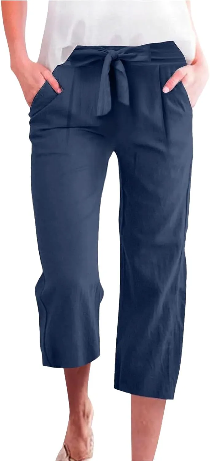 Capri Pants for Women Summer Casual Linen Lounge Pants Cropped Straight Leg Drawstring Baggy Straight Leg Trousers