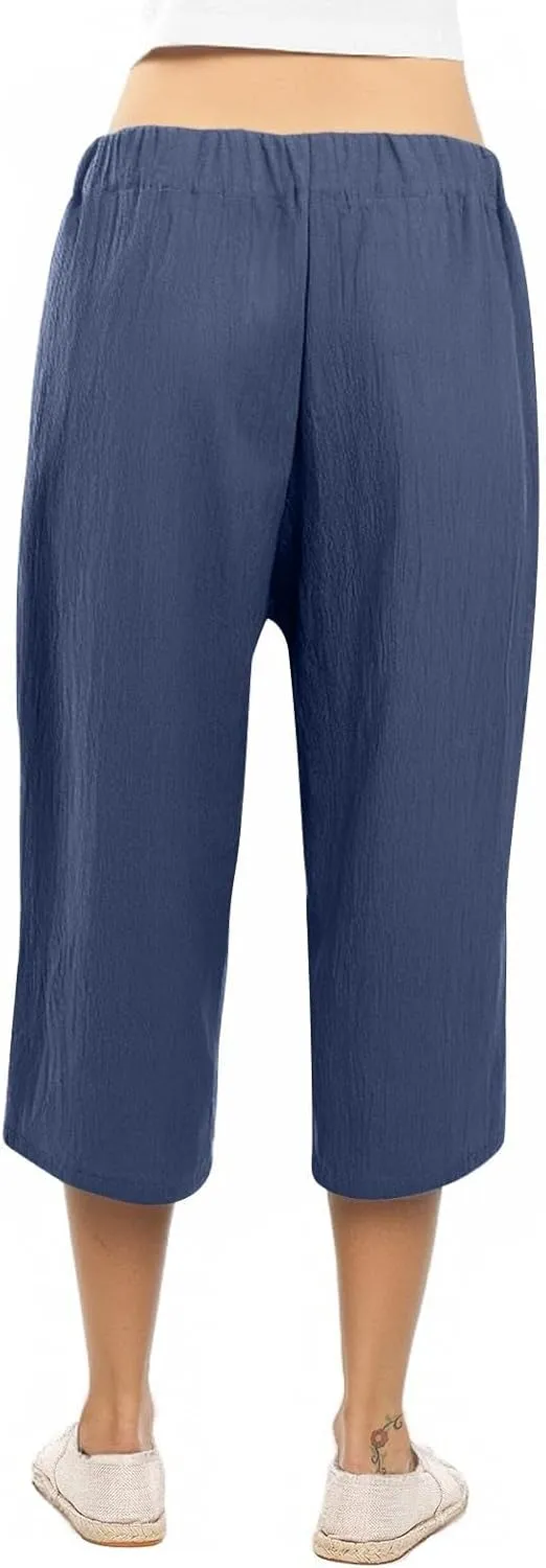 Capri Pants for Women Summer Casual Linen Lounge Pants Cropped Straight Leg Drawstring Baggy Straight Leg Trousers