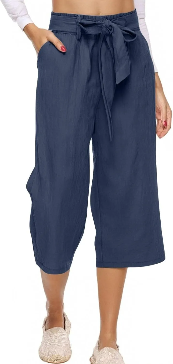 Capri Pants for Women Summer Casual Linen Lounge Pants Cropped Straight Leg Drawstring Baggy Straight Leg Trousers
