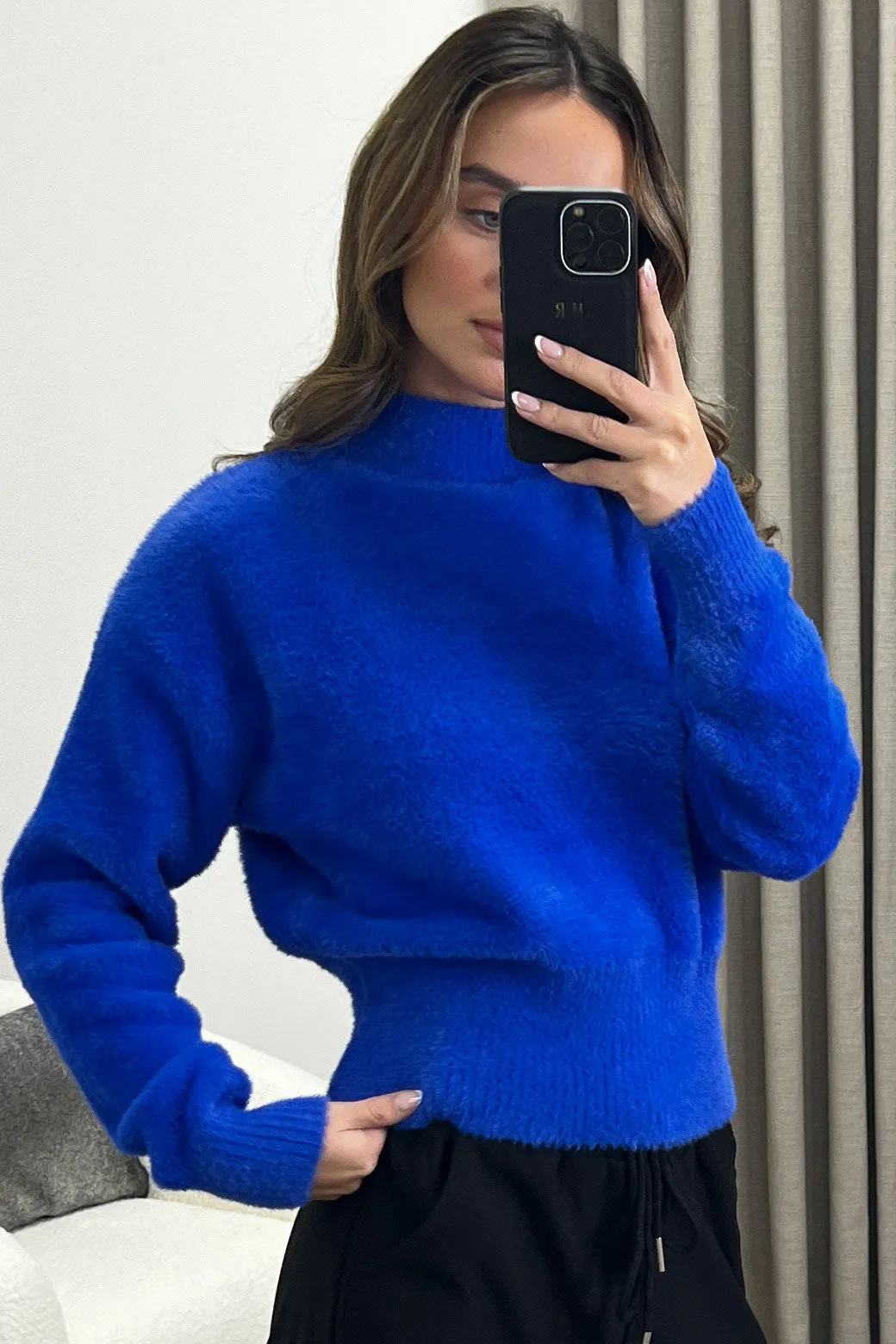 Carie Blue Faux Fur High Neck Knit Jumper