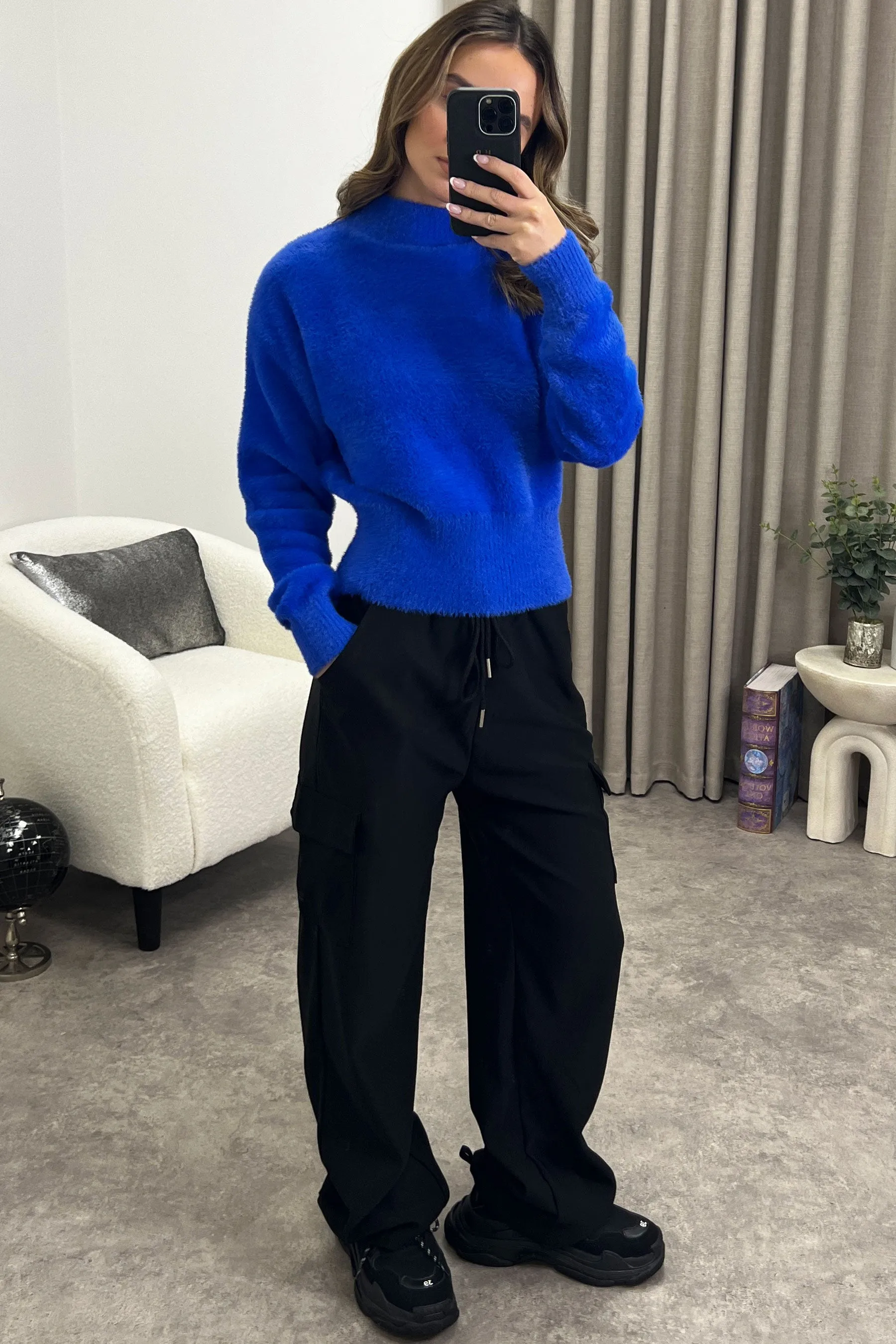 Carie Blue Faux Fur High Neck Knit Jumper