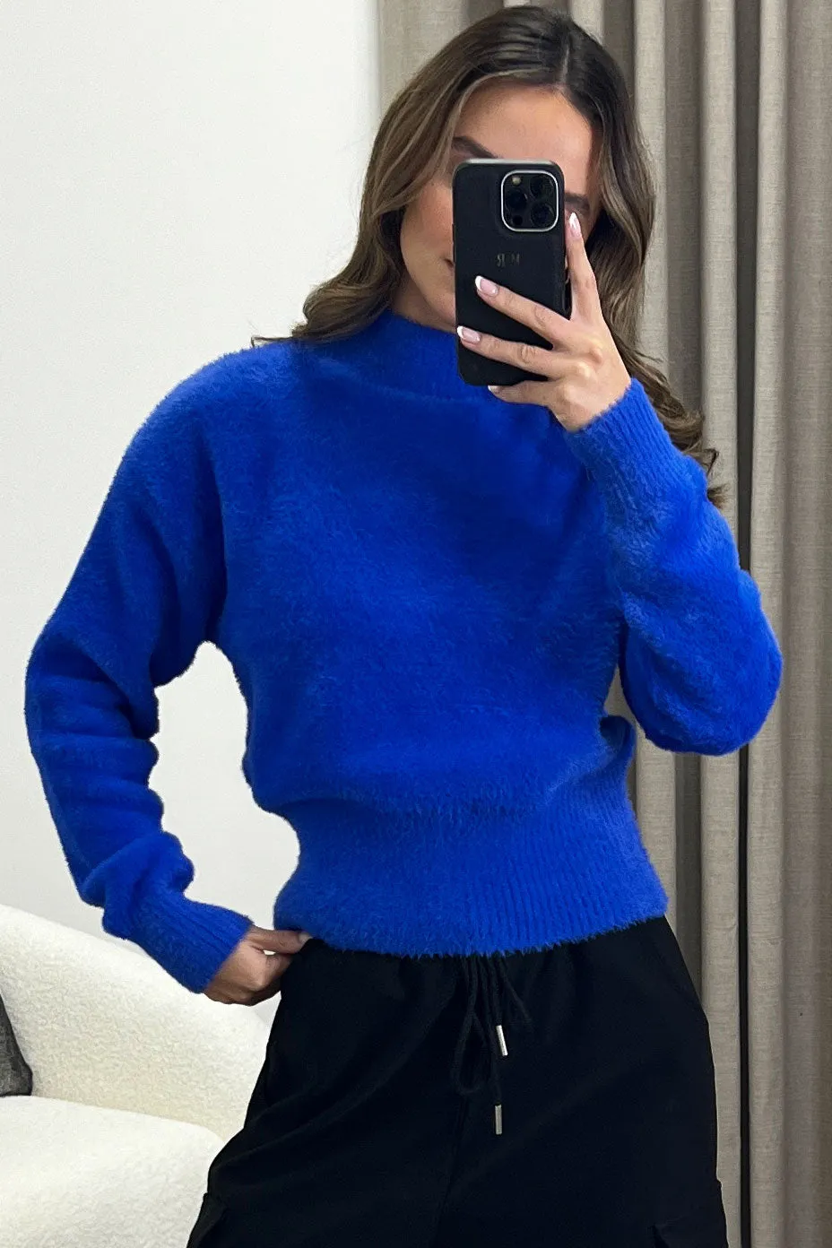 Carie Blue Faux Fur High Neck Knit Jumper