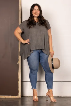 CHARCOAL OVERSIZE ASYMMETRIC HEM TUNIC PLUS SIZE KNIT TOP PTL11719SA
