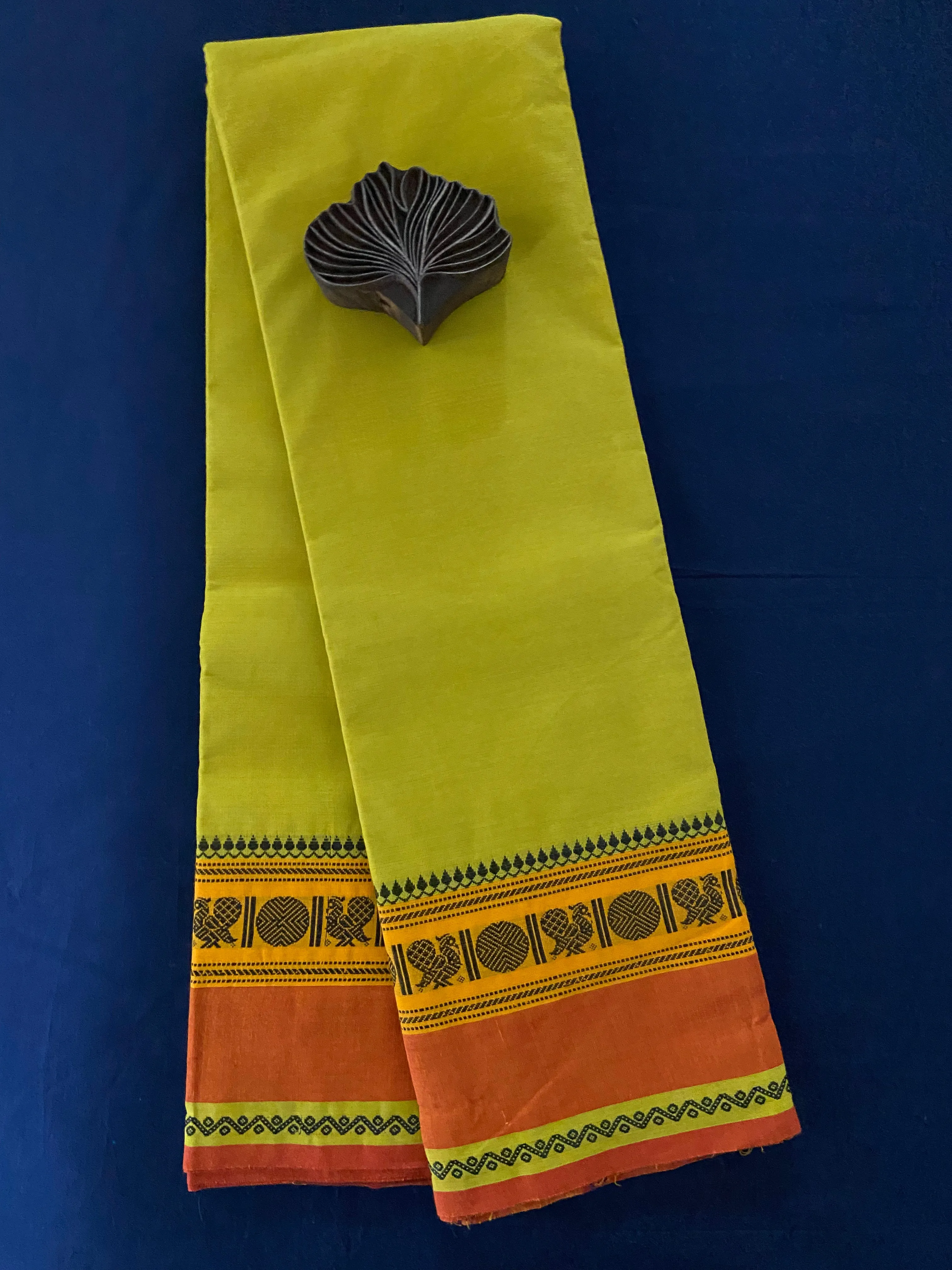 chettinad cotton saree - mehendi green & rust peacock