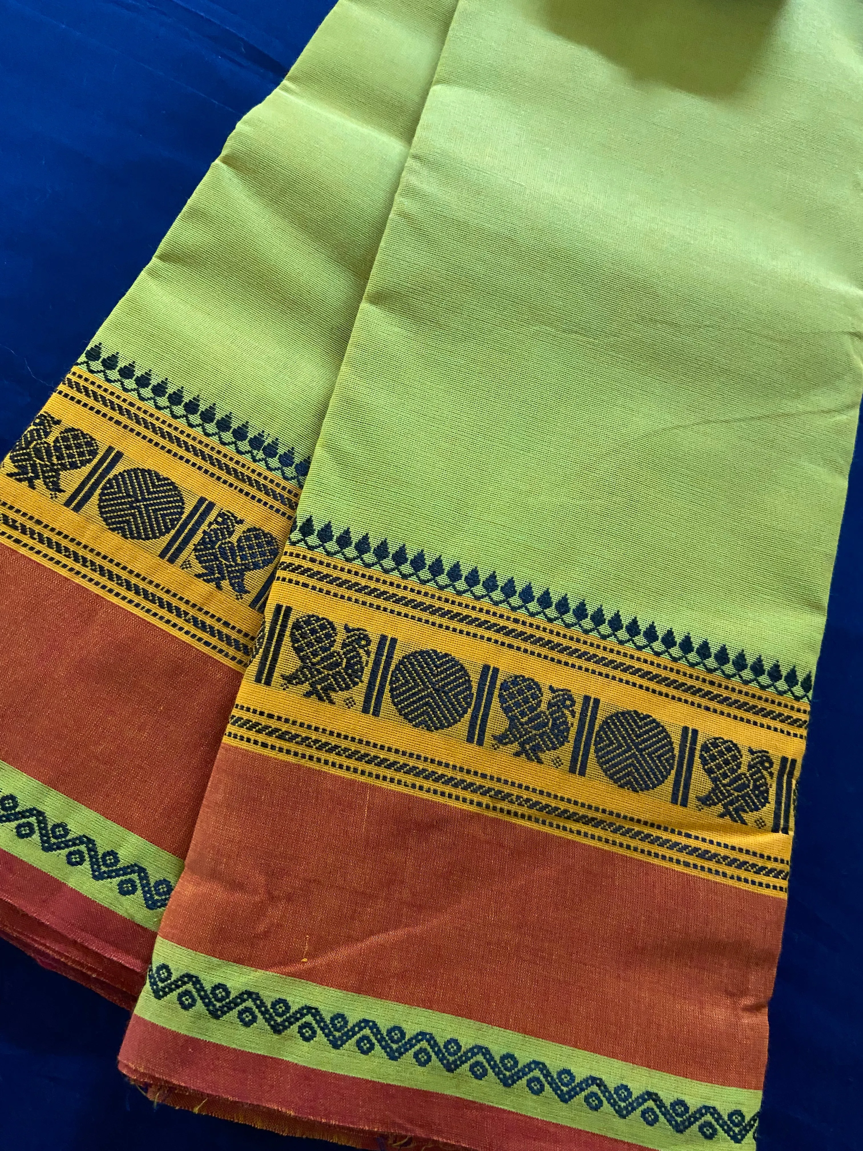 chettinad cotton saree - mehendi green & rust peacock