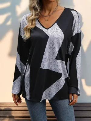 Color Block V-Neck Long Sleeve Top