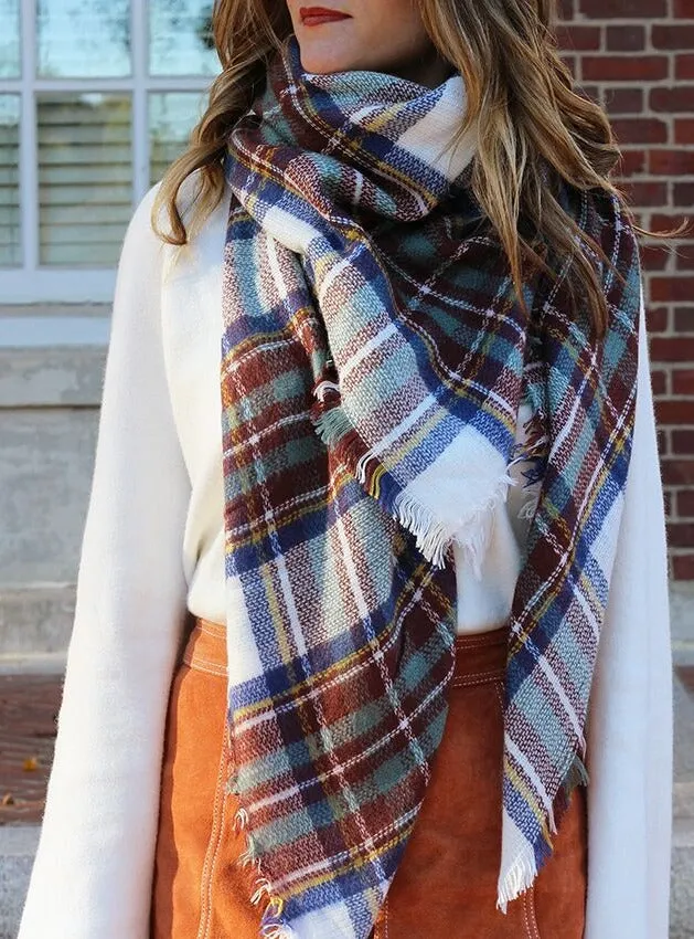 Cozy Days Plaid Blanket Scarf In Teal
