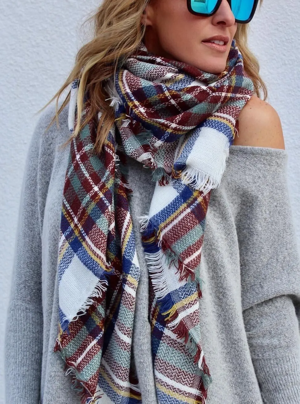 Cozy Days Plaid Blanket Scarf In Teal