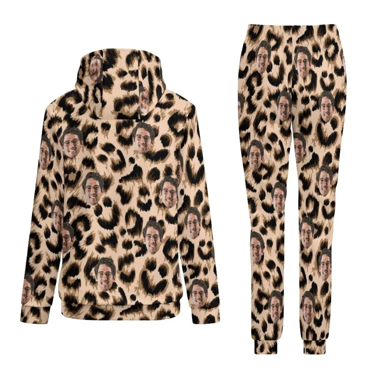 Custom Face Leopard Hoodie Sweatpant Set Personalized Unisex Loose Hoodie Top Outfits