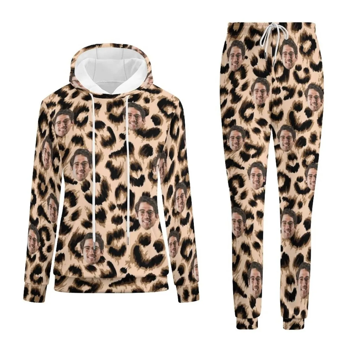 Custom Face Leopard Hoodie Sweatpant Set Personalized Unisex Loose Hoodie Top Outfits