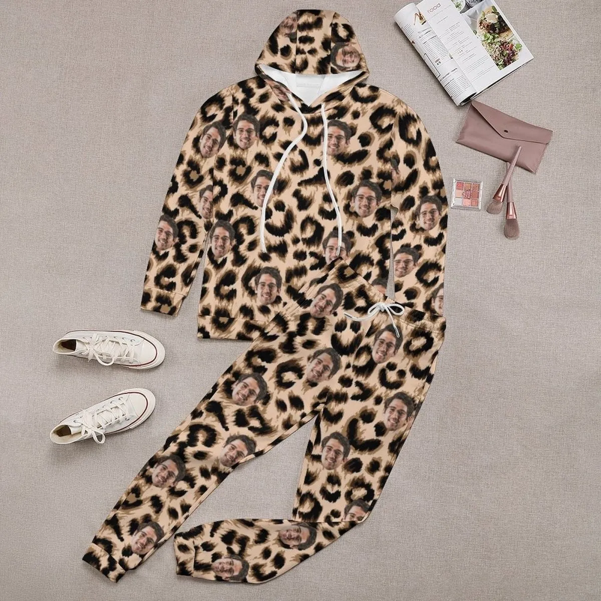 Custom Face Leopard Hoodie Sweatpant Set Personalized Unisex Loose Hoodie Top Outfits