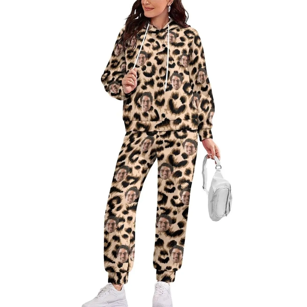 Custom Face Leopard Hoodie Sweatpant Set Personalized Unisex Loose Hoodie Top Outfits