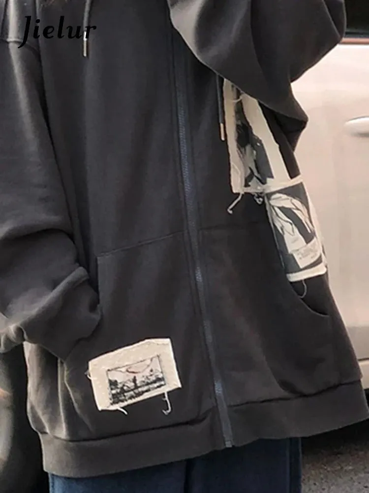 Dark Gray Casual Female Sweatshirts Winter Zip-up O-neck Loose Streetwear Fashion Office Lady Chic Basic Women's Hoodies
