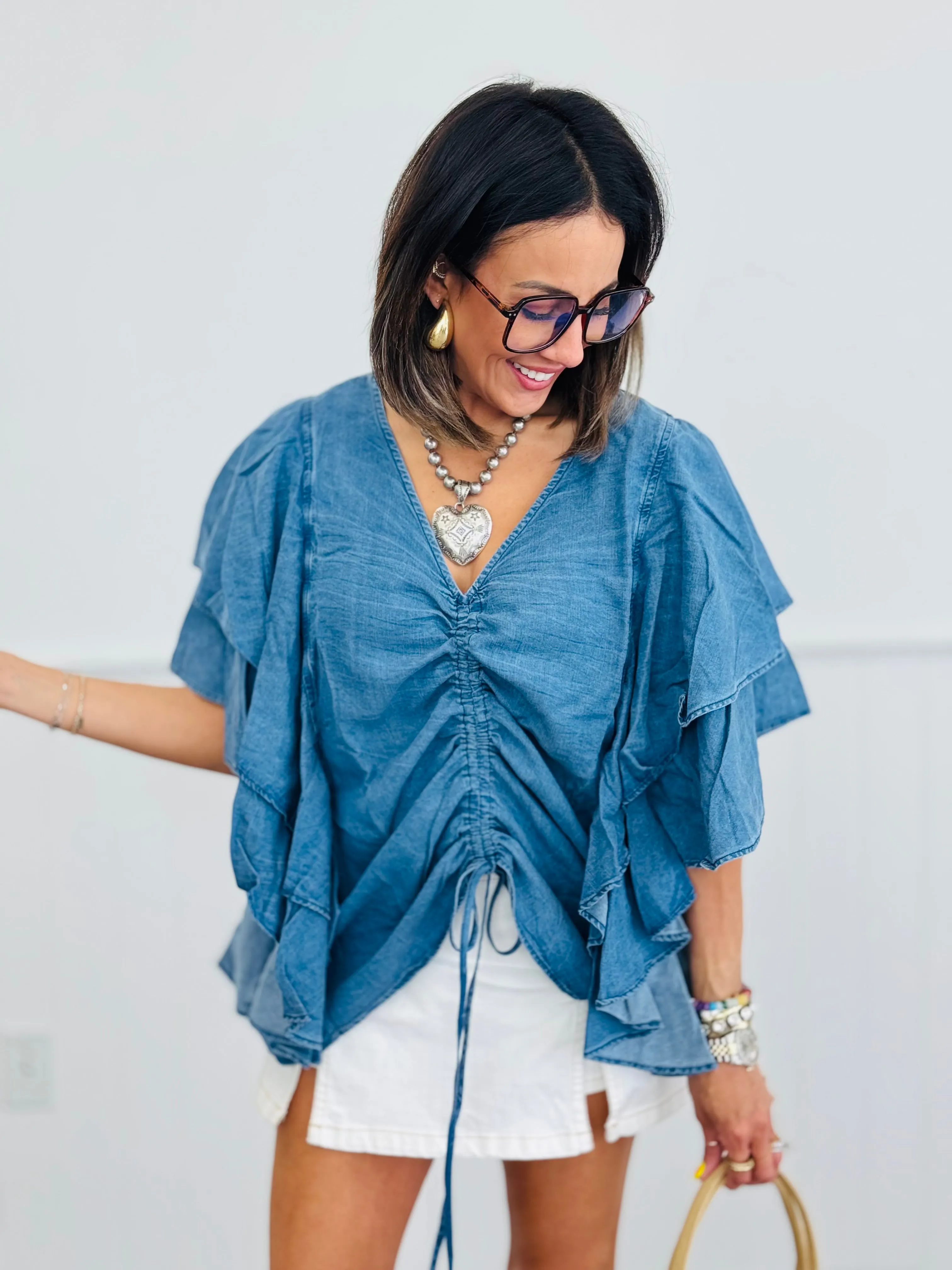 Denim Flutter Ruched Front Detailing Blouse (Reg.)