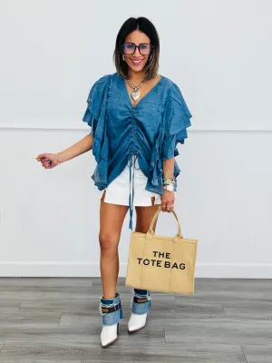 Denim Flutter Ruched Front Detailing Blouse (Reg.)