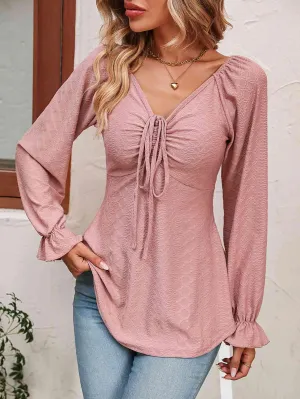 Drawstring Front Long Sleeve Tunic Blouse