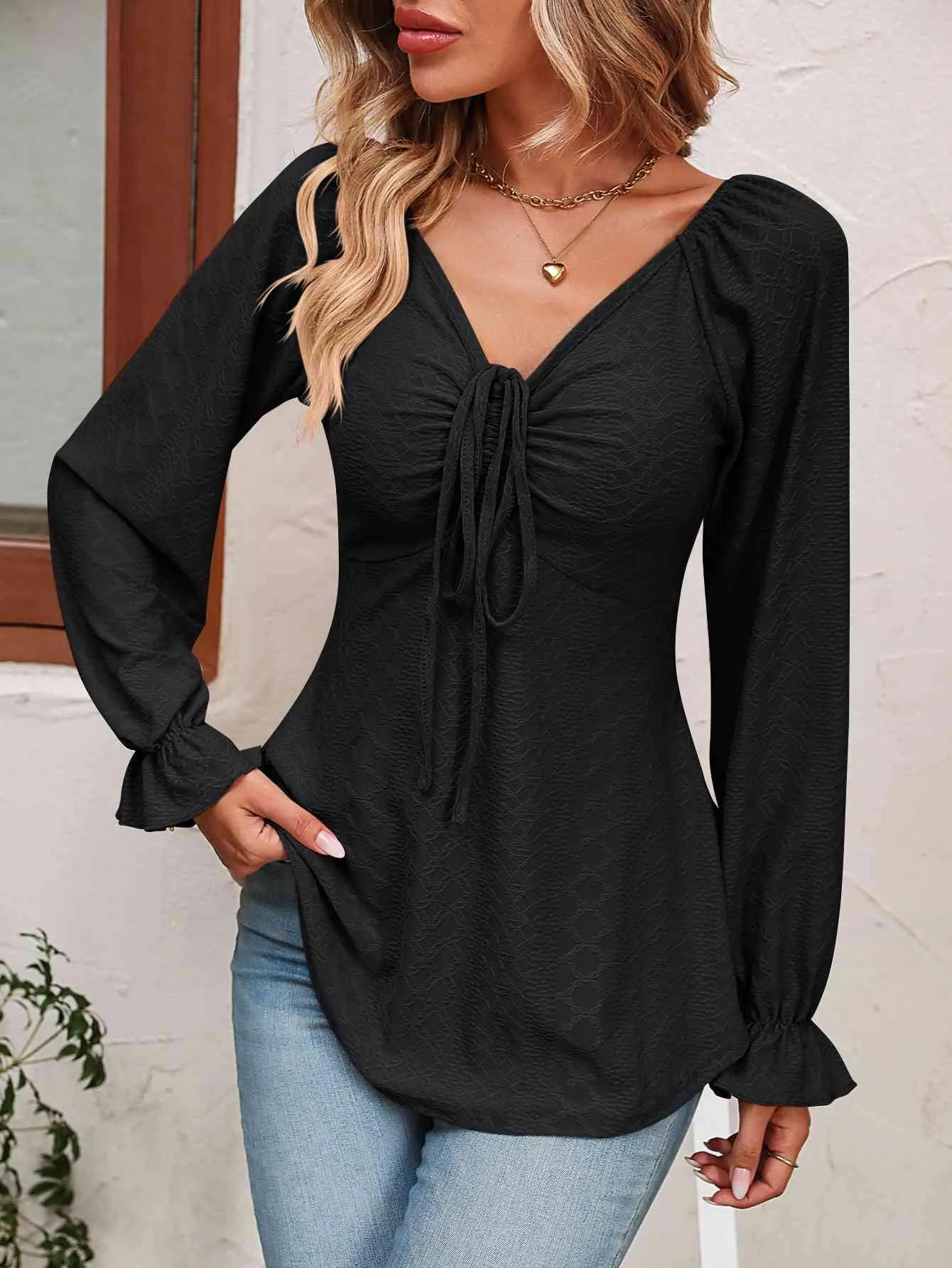 Drawstring Front Long Sleeve Tunic Blouse