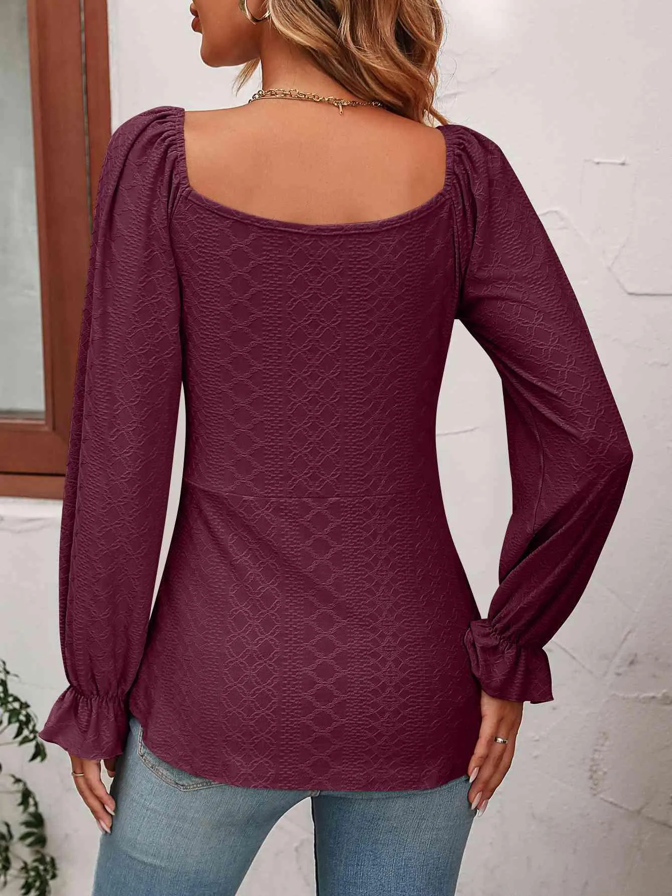 Drawstring Front Long Sleeve Tunic Blouse