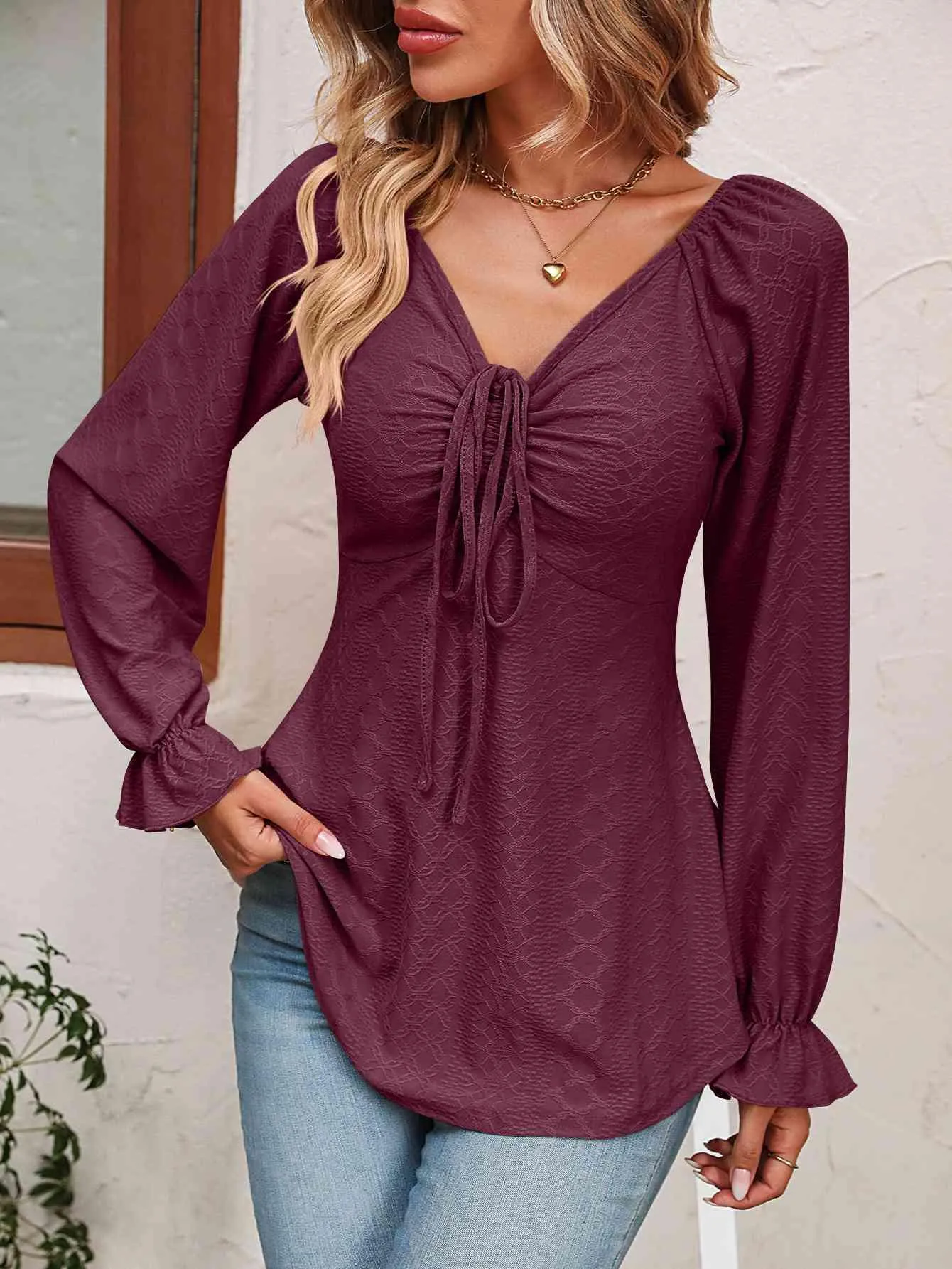Drawstring Front Long Sleeve Tunic Blouse