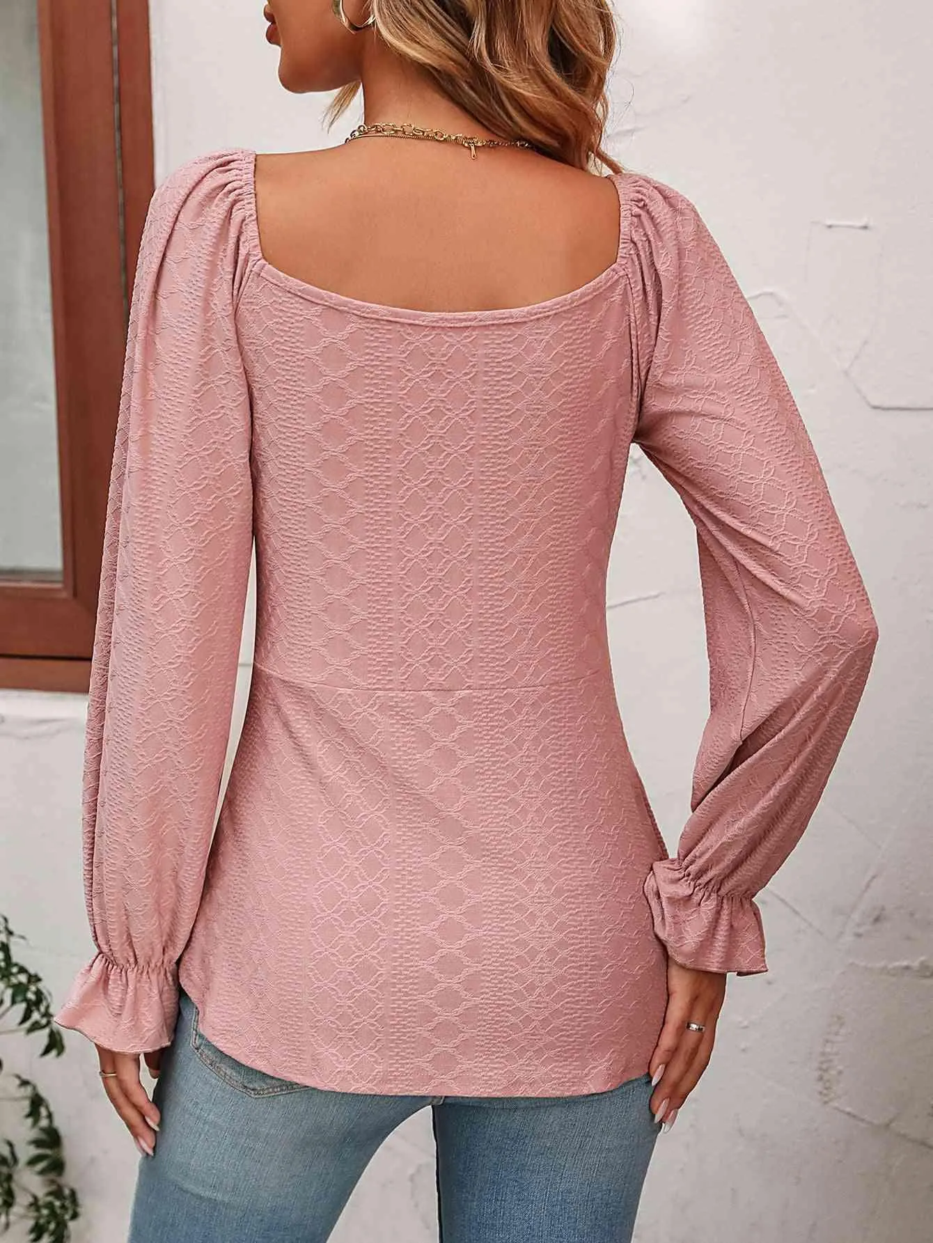 Drawstring Front Long Sleeve Tunic Blouse