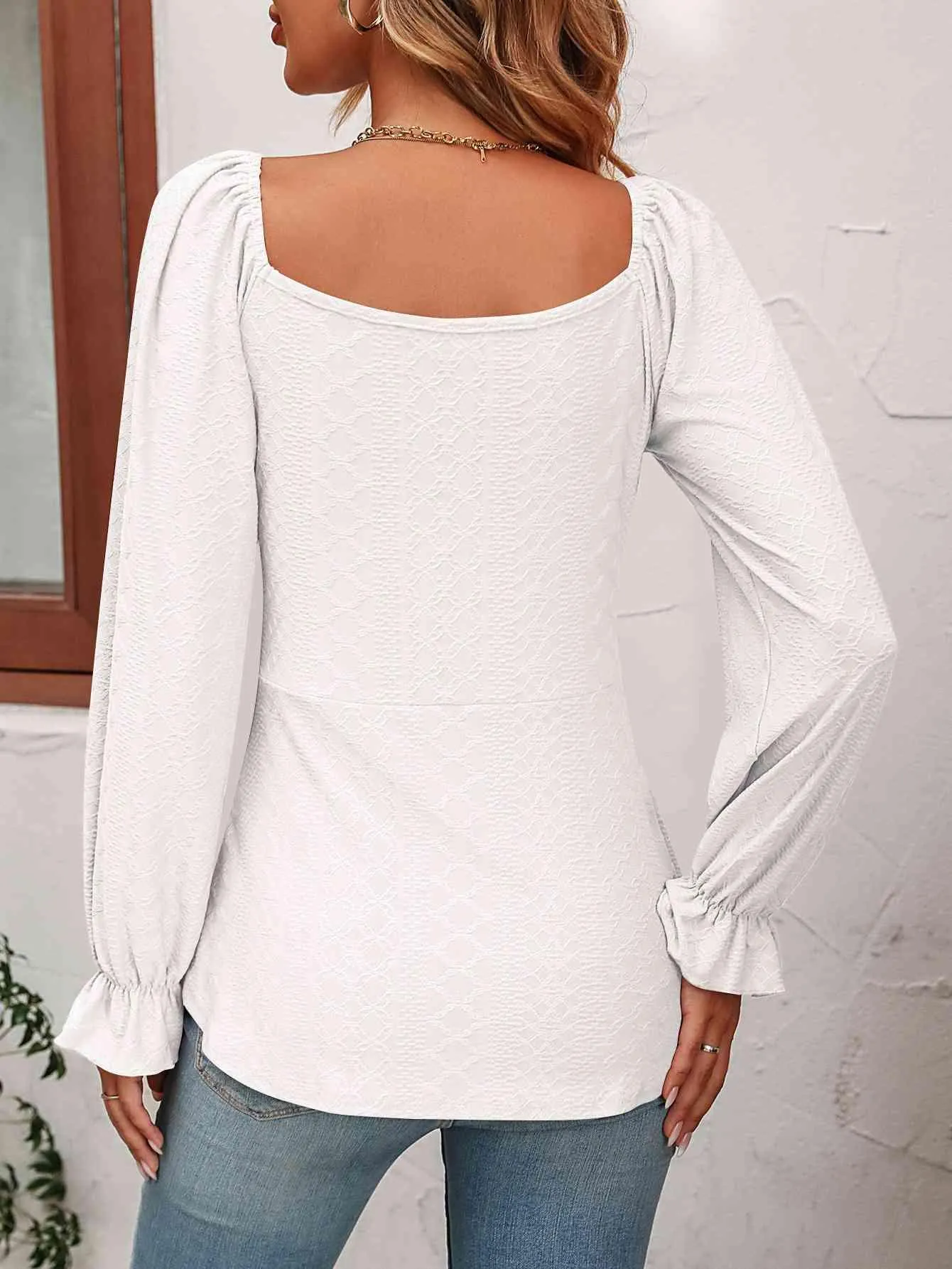Drawstring Front Long Sleeve Tunic Blouse