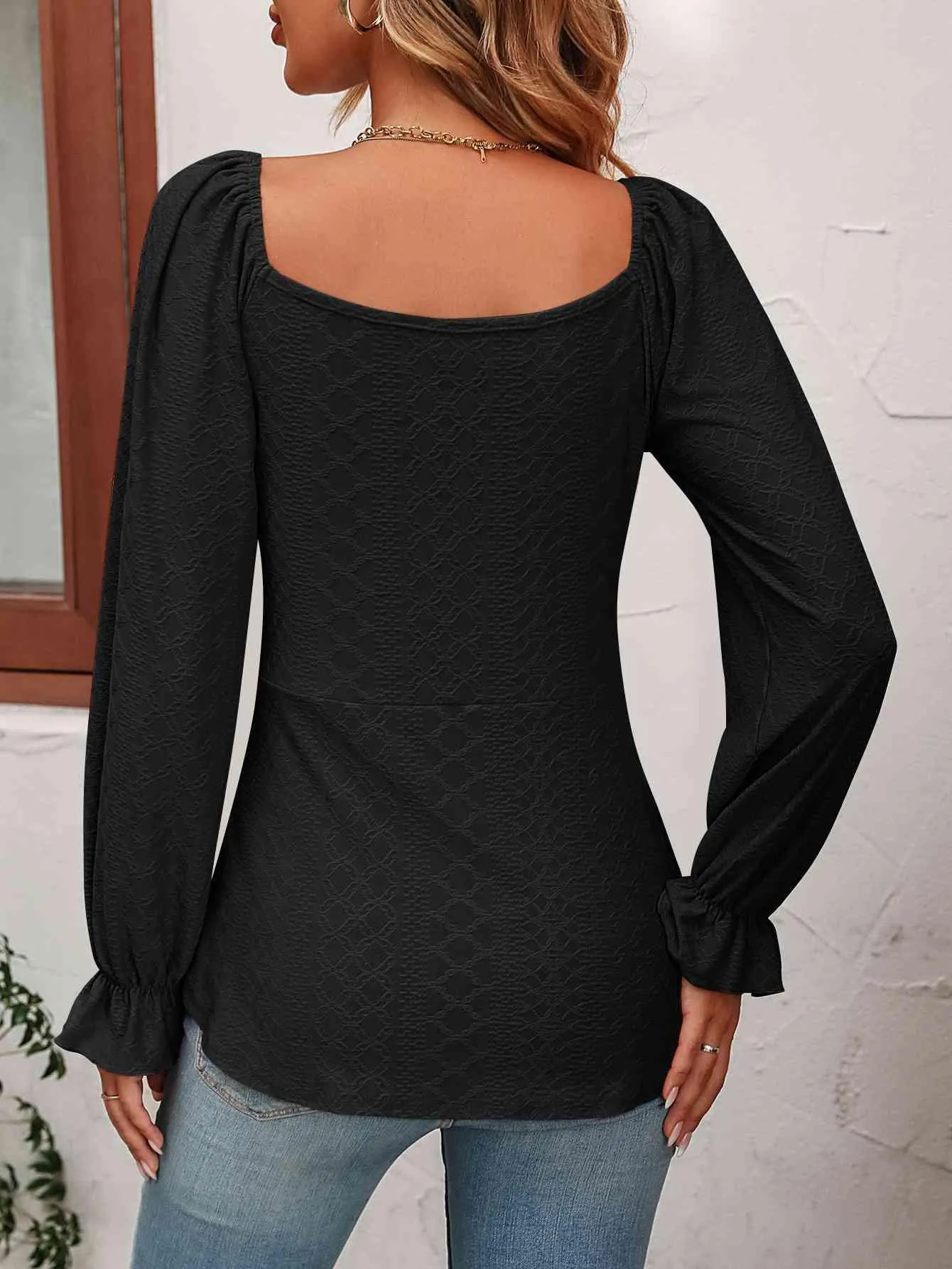 Drawstring Front Long Sleeve Tunic Blouse