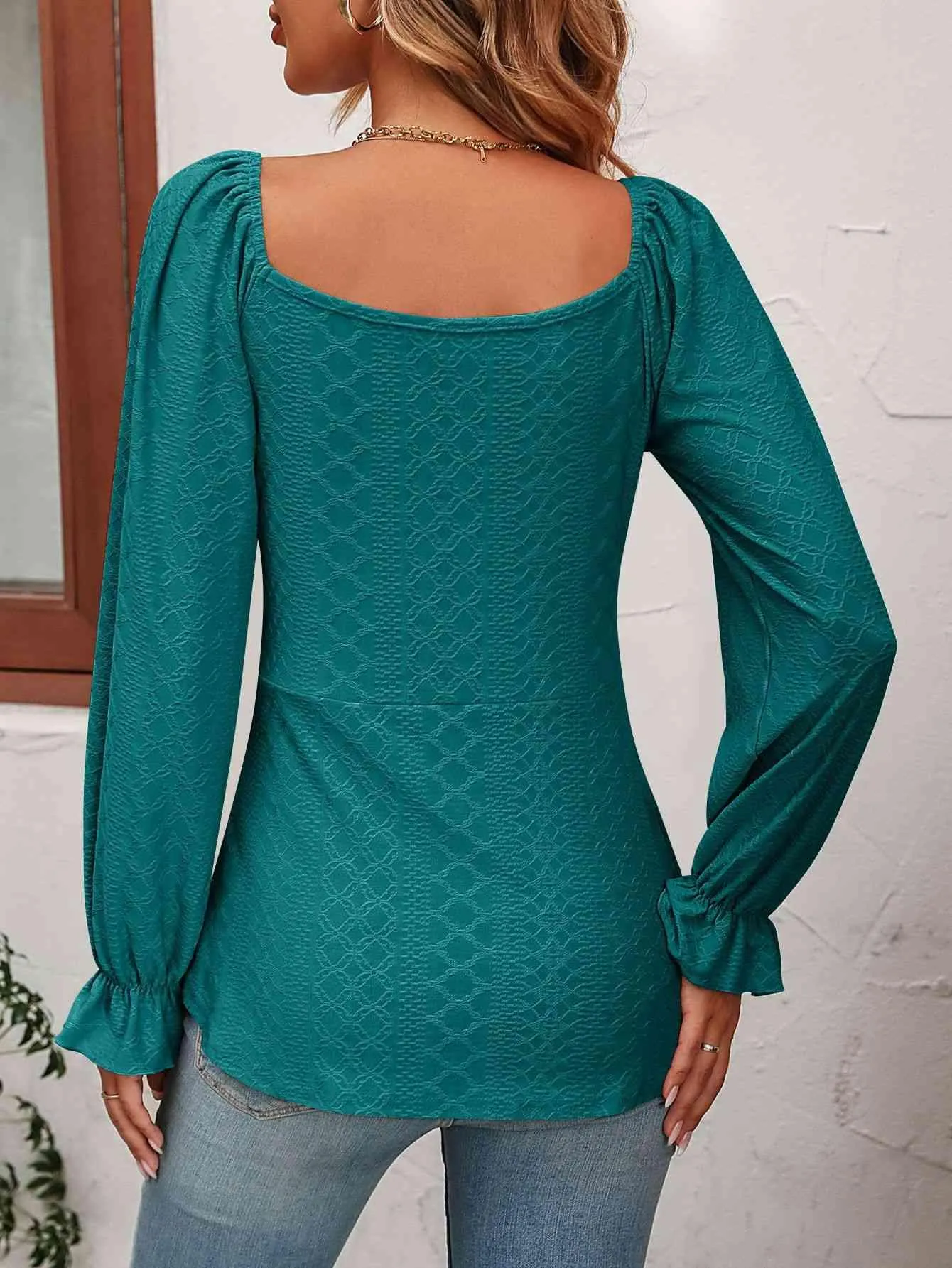 Drawstring Front Long Sleeve Tunic Blouse
