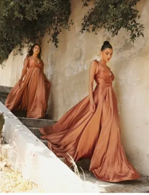 Flows Satin Bridesmaid’s Dress with Slit