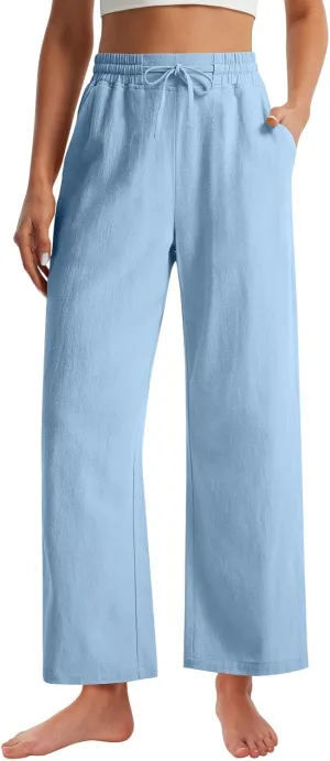 GOFULY Womens Linen Pants Casual Wide Leg 2025 High Rise Pants Drawstring Elastic Waist Summer 2025 Solid Trouser with Pocket