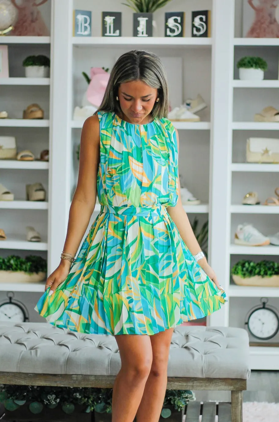 Green Palm Leaf Pleated Dress