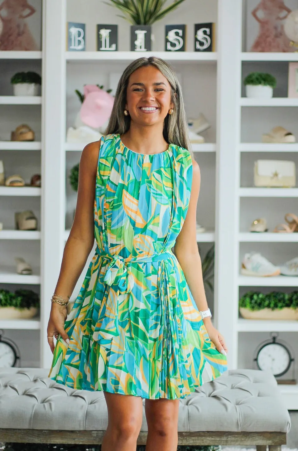 Green Palm Leaf Pleated Dress