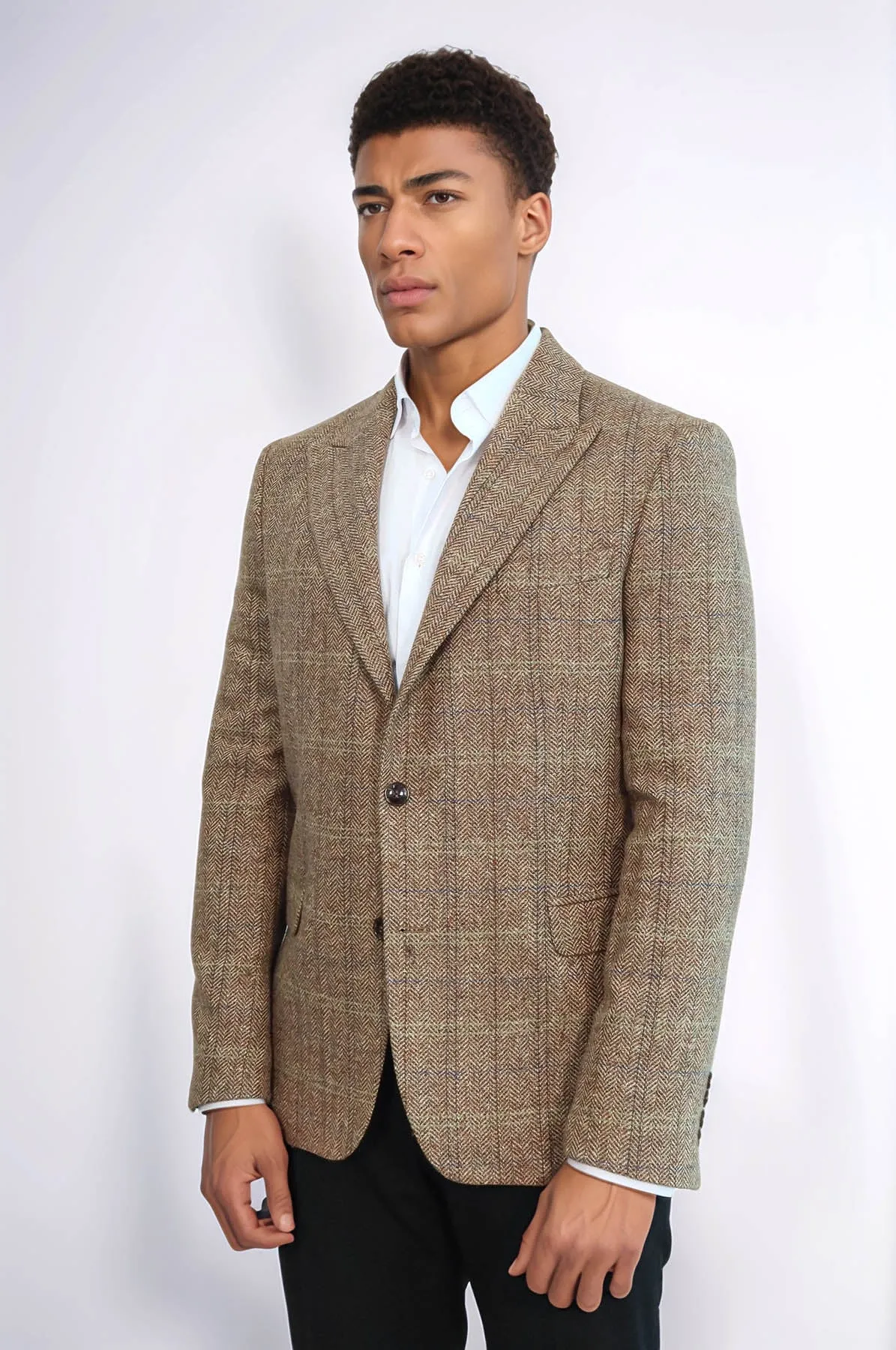 Herringbone Slim Fit Wool Tan Men Blazer - Wessi