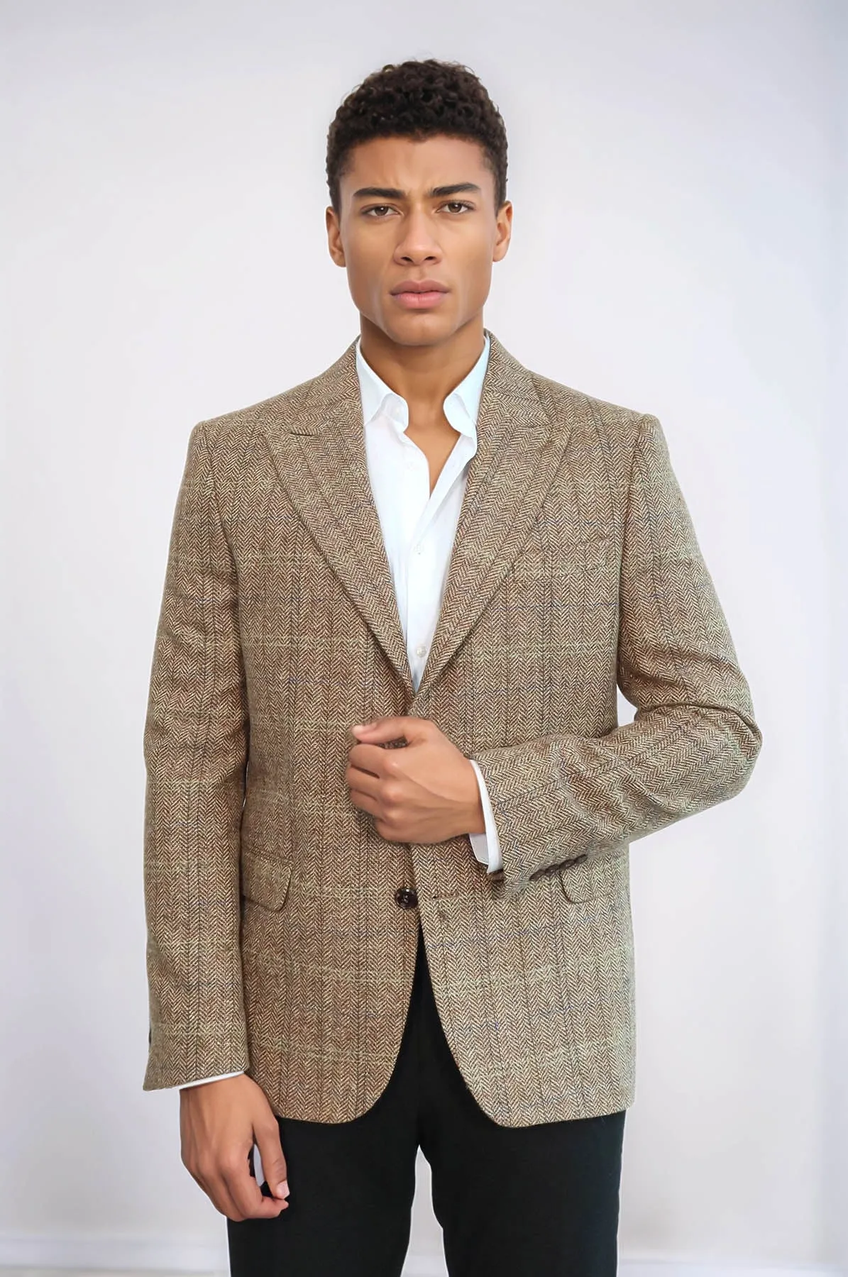 Herringbone Slim Fit Wool Tan Men Blazer - Wessi